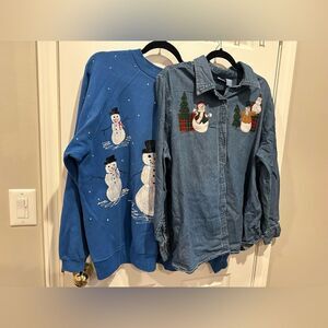 VINTAGE 2PC 1X Denim Snowman LS Button-Down XL Hanes Painted Snowman Sweatshirt